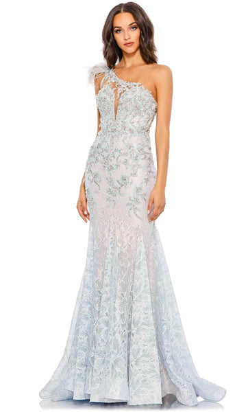 Sophisticated One Shoulder Sleeveless Crystal Illusion Cutout Embroidered Fitted Beaded Asymmetric Mermaid Floor Length Natural Waistline Evening Dress with a Brush/Sweep Train