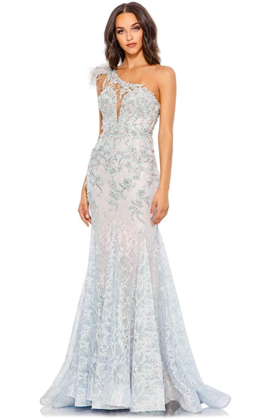 Sophisticated Floor Length One Shoulder Sleeveless Fitted Embroidered Beaded Illusion Crystal Asymmetric Cutout Mermaid Natural Waistline Evening Dress with a Brush/Sweep Train
