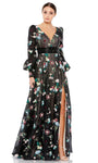 A-line V-neck Empire Waistline Bishop Long Sleeves Sheer Sequined Slit Embroidered Floor Length Floral Print Dress
