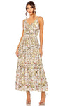 Sophisticated A-line V-neck Natural Waistline Sleeveless Spaghetti Strap Cocktail Floor Length Floral Print Open-Back Back Zipper Ruffle Trim Dress