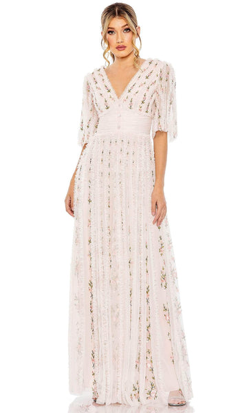 Sophisticated A-line V-neck Bell Sleeves Corset Empire Waistline Ruched Embroidered Open-Back Sheer Floral Print Evening Dress with a Brush/Sweep Train With Ruffles