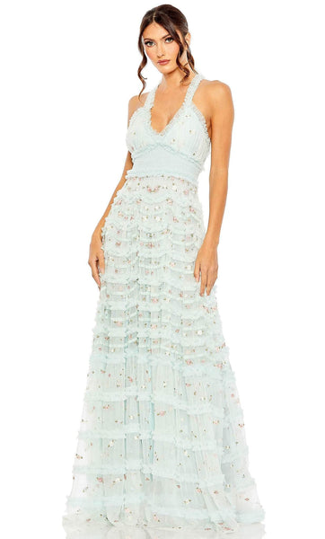 A-line Mesh Embroidered Ruched Floral Print Empire Waistline Ruffle Trim Halter Smocked Polyester Evening Dress with a Brush/Sweep Train