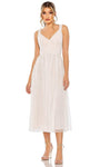 A-line V-neck Open-Back Back Zipper Sleeveless Tank Cocktail Tea Length Ruffle Trim Empire Waistline Dress