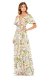 A-line V-neck Floor Length Bell Short Sleeves Sleeves Back Zipper Flowy Beaded Floral Print Plunging Neck Empire Waistline Evening Dress with a Brush/Sweep Train