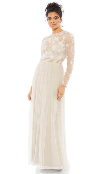 Modest A-line Sequined Sheer Back Zipper Beaded Flowy Illusion Natural Waistline Floral Print Long Sleeves Jeweled Neck Evening Dress With Ruffles