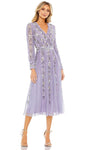 A-line V-neck Floral Print Beaded Fitted Sheer Fit-and-Flare Bishop Sleeves Ruffle Trim Natural Waistline Cocktail Tea Length Dress With Pearls