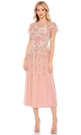 A-line Floral Print Polyester Cocktail Tea Length Jeweled Mesh Sheer Sheer Back Beaded Pleated Illusion Applique Jeweled Neck Flutter Short Sleeves Sleeves Natural Waistline Dress