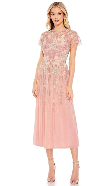 A-line Cocktail Tea Length Natural Waistline Floral Print Polyester Flutter Short Sleeves Sleeves Jeweled Neck Applique Beaded Pleated Sheer Mesh Illusion Jeweled Sheer Back Dress