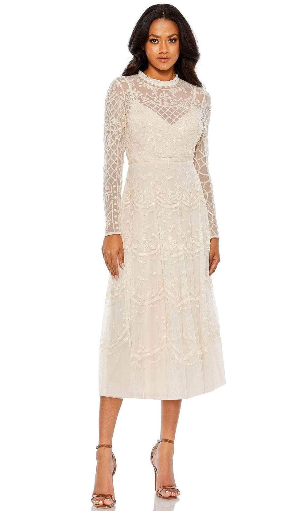 Mac Duggal 9142 - Long Sleeve Illusion Neckline Tea Length Dress
