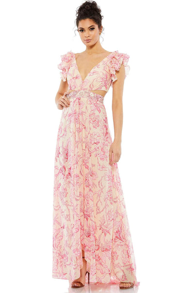 Sophisticated A-line V-neck Flowy Cutout Beaded Lace-Up Open-Back Back Zipper Cap Sleeves Sleeveless Spaghetti Strap Floral Print Floor Length High-Low-Hem Chiffon Dress with a Brush/Sweep Train With 