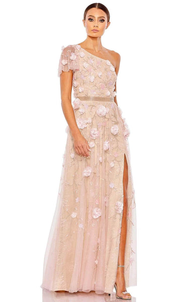 Sexy Sophisticated A-line Flutter Sleeves One Shoulder Polyester Floral Print Natural Waistline Asymmetric Slit Beaded Mesh Applique Open-Back Evening Dress with a Brush/Sweep Train