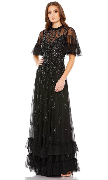 A-line Floor Length Illusion Sheer Beaded Back Zipper Gathered Tiered Floral Print Flutter Short Sleeves Sleeves High-Neck Evening Dress/Mother-of-the-Bride Dress With Ruffles