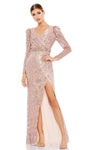 V-neck Beaded Pleated Sequined Slit Sheath Natural Waistline Long Sleeves Sheath Dress/Evening Dress