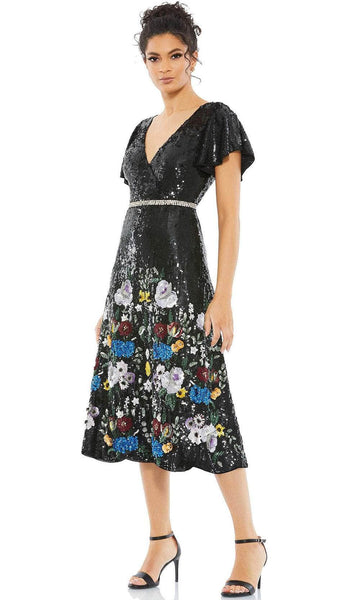 A-line V-neck Floral Print Cocktail Tea Length Natural Waistline Back Zipper Applique Sequined Belted Flutter Sleeves Dress With Rhinestones