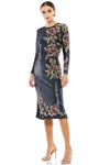 Modest Sheath Long Sleeves Mesh Sequined Hidden Back Zipper Slit Beaded Polyester Natural Waistline Floral Print Jeweled Neck Cocktail Tea Length Sheath Dress/Mother-of-the-Bride Dress/Midi Dress