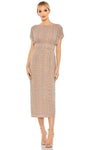 Fall Cocktail Tea Length Natural Waistline Striped Geometric Print Sheath Cap Sleeves Beaded Open-Back Back Zipper Bateau Neck Sheath Dress