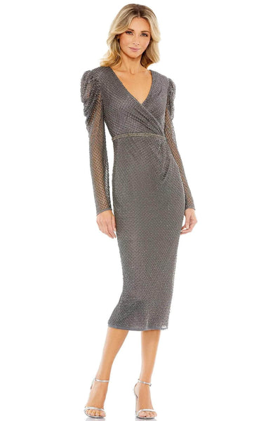 V-neck Cocktail Above the Knee Long Sleeves Sheath Wrap Beaded Slit Fitted Back Zipper Ruched Natural Waistline Polyester Sheath Dress With Rhinestones