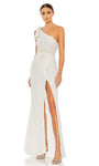 Sheath Natural Waistline One Shoulder Slit Beaded Draped Asymmetric Floor Length Sheath Dress/Evening Dress With a Bow(s) and Pearls