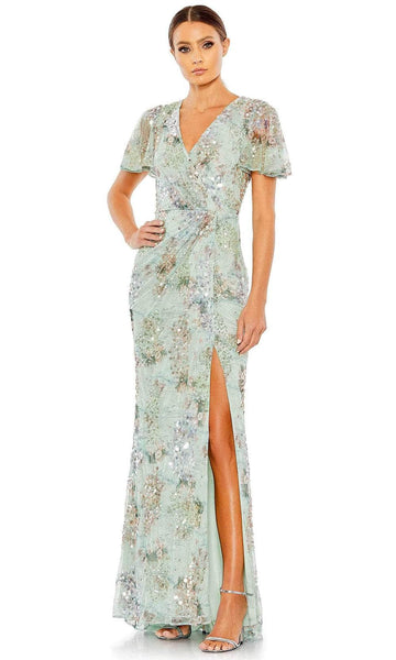 V-neck Faux Wrap Slit Ruched Sequined Back Zipper Floor Length Short Fall Sheath Floral Print Natural Waistline Sheath Dress/Evening Dress