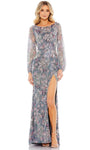 Bishop Sleeves Floral Print Bateau Neck Floor Length Sheer Back Zipper Faux Wrap Sequined Mesh Slit Natural Waistline Sheath Sheath Dress/Evening Dress with a Brush/Sweep Train