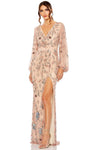 V-neck Beaded Ruched Slit Bishop Sleeves Sheath Floral Print Natural Waistline Sheath Dress/Evening Dress with a Brush/Sweep Train