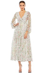 Modest A-line V-neck Empire Waistline Floral Print Cocktail Tea Length Polyester Mesh Beaded Long Sleeves Dress by Mac Duggal Couture By Cas