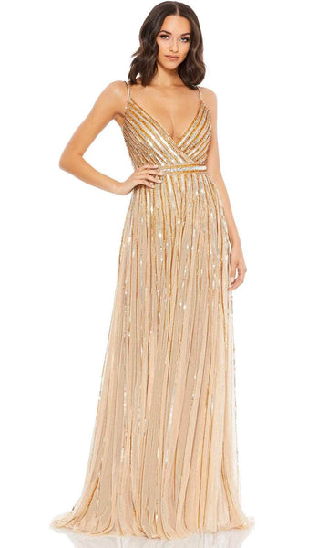A-line V-neck Two-Toned Print Spaghetti Strap Natural Waistline Beaded Faux Wrap Mesh Sequined Open-Back Evening Dress/Party Dress with a Brush/Sweep Train With Rhinestones
