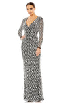 Modest V-neck Floor Length Beaded Slit Back Zipper Sheath Floral Print Natural Waistline Plunging Neck Long Sleeves Sheath Dress/Evening Dress With Rhinestones