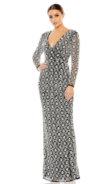 Modest V-neck Floral Print Plunging Neck Sheath Back Zipper Beaded Slit Floor Length Long Sleeves Natural Waistline Sheath Dress/Evening Dress With Rhinestones