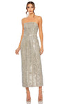 Sophisticated Strapless Natural Waistline Sheath Cocktail Tea Length Sequined Slit Fitted Hidden Back Zipper Straight Neck Sheath Dress With Rhinestones