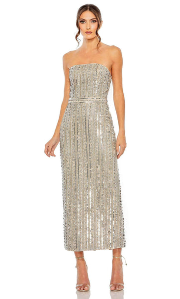 Sophisticated Strapless Natural Waistline Straight Neck Cocktail Tea Length Sequined Slit Fitted Hidden Back Zipper Sheath Sheath Dress With Rhinestones