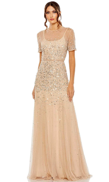 A-line Polyester Floor Length Beaded Illusion Sequined Fitted High-Neck Short Sleeves Sleeves Natural Waistline Evening Dress with a Brush/Sweep Train