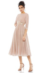 A-line Knit Natural Waistline Tea Length Glittering Pleated Back Zipper Jeweled Neck Dress