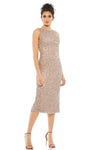 Jeweled Neck Slit Back Zipper Sequined Sheath Tea Length Sleeveless Natural Waistline Sheath Dress