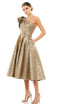 Tall A-line One Shoulder Sleeveless Metallic Asymmetric Open-Back Pocketed Natural Waistline Cocktail Tea Length Dress With a Bow(s)