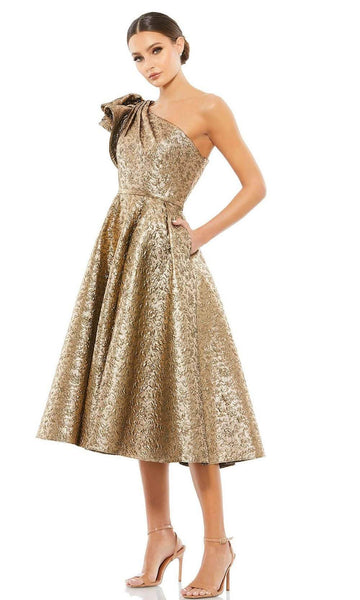 Tall A-line One Shoulder Sleeveless Metallic Asymmetric Open-Back Pocketed Natural Waistline Cocktail Tea Length Dress With a Bow(s)