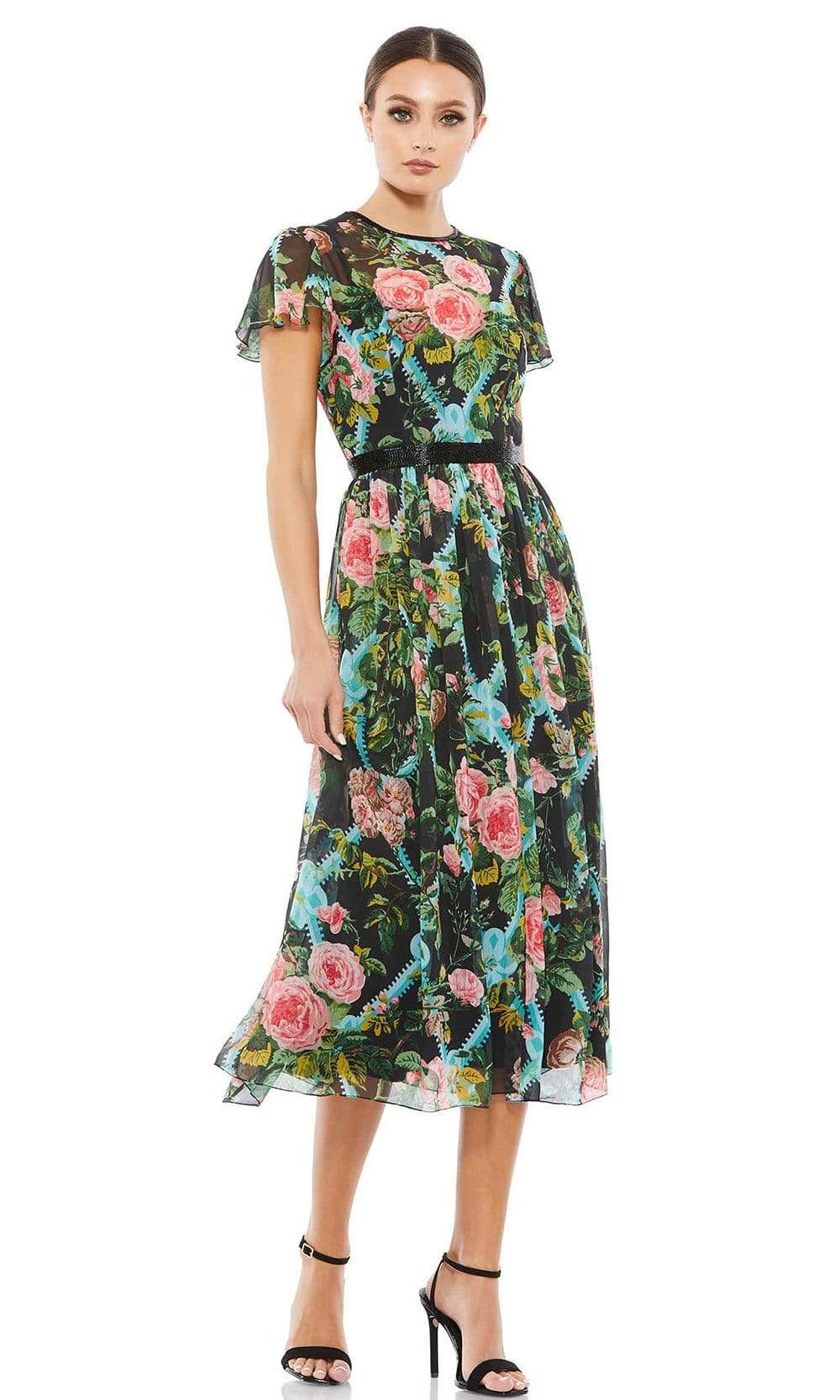 Mac Duggal Cocktail - 9149D Short Sleeve Beaded Waist Floral Dress
