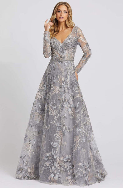 Tall Tall A-line V-neck Illusion Sheer Open-Back Embroidered Back Zipper Natural Waistline Long Sleeves Floral Print Evening Dress/Mother-of-the-Bride Dress with a Brush/Sweep Train With Rhinestones