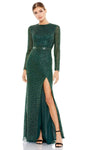 Natural Waistline Sheath Long Sleeves Back Zipper Beaded Slit Jeweled Neck Sheath Dress with a Brush/Sweep Train