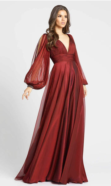 A-line V-neck Bishop Flutter Long Sleeves Empire Waistline Plunging Neck Pleated Hidden Back Zipper Goddess Ruched Beaded V Back Floor Length Evening Dress