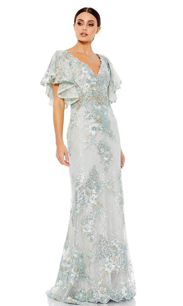 V-neck Bell Sleeves Floor Length Back Zipper Sequined Natural Waistline Sheath Plunging Neck Floral Print Lace Sheath Dress/Mother-of-the-Bride Dress with a Brush/Sweep Train