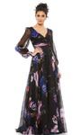 A-line V-neck Natural Waistline Long Sleeves Floor Length Back Zipper Floral Print Evening Dress