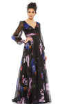 A-line V-neck Long Sleeves Floor Length Natural Waistline Back Zipper Floral Print Evening Dress