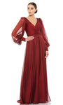 Modest A-line V-neck Long Sleeves Plunging Neck Flowy Sheer Back Zipper V Back Floor Length Natural Waistline Chiffon Dress with a Brush/Sweep Train