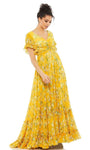 A-line V-neck Natural Waistline Floral Print Flutter Short Sleeves Sleeves Tiered Back Zipper Floor Length Evening Dress