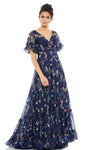 A-line V-neck Tiered Back Zipper Floor Length Natural Waistline Flutter Short Sleeves Sleeves Floral Print Evening Dress