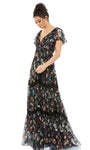 A-line V-neck Floral Print Empire Waistline Short Sleeves Sleeves Ruched Flowy Back Zipper Plunging Neck Floor Length Dress with a Brush/Sweep Train