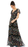 A-line V-neck Floral Print Flowy Back Zipper Ruched Floor Length Plunging Neck Short Sleeves Sleeves Empire Waistline Dress with a Brush/Sweep Train