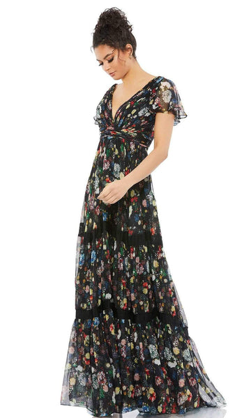 A-line V-neck Empire Waistline Back Zipper Flowy Ruched Floor Length Floral Print Short Sleeves Sleeves Plunging Neck Dress with a Brush/Sweep Train