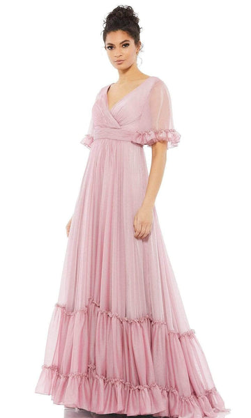 A-line V-neck Flutter Sleeves Draped Pleated Tiered Back Zipper Natural Waistline Floor Length Party Dress